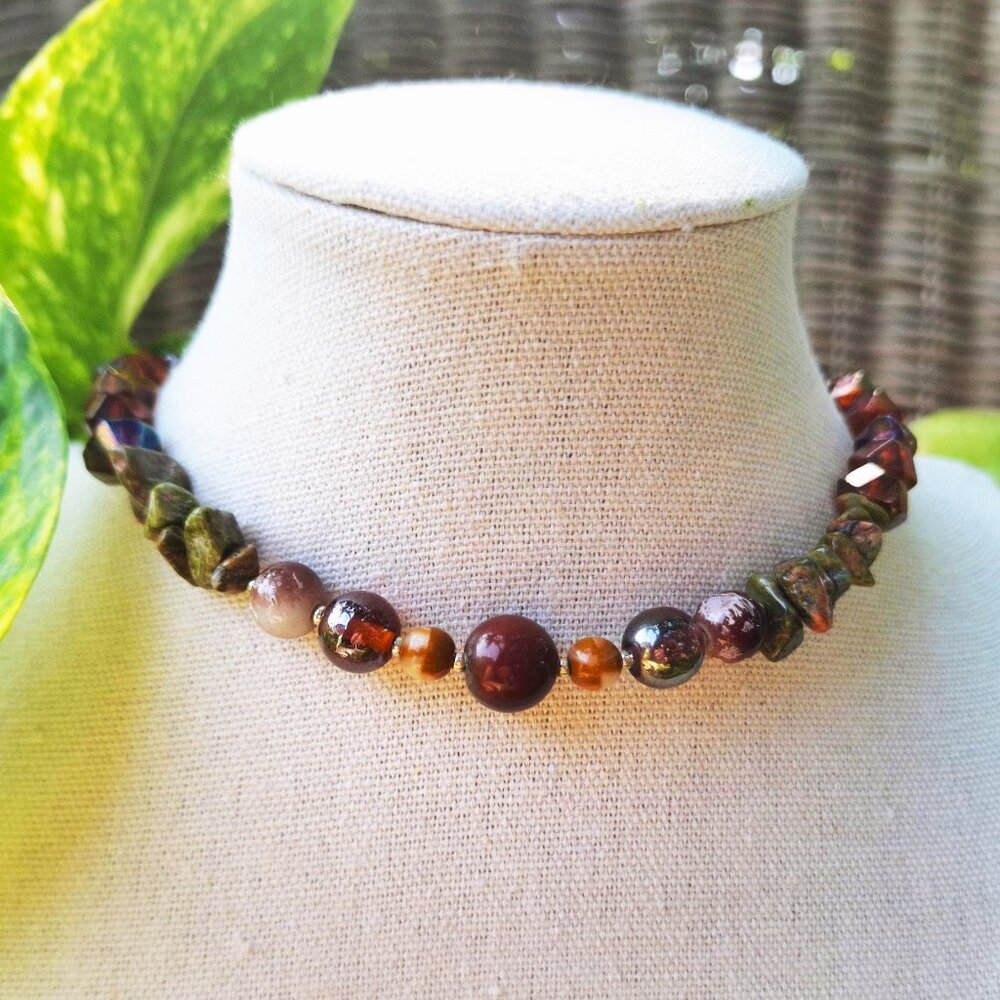 Earthy Crystal Beaded Choker, Handmade Hippie Choker, Witchy Woodland Necklace